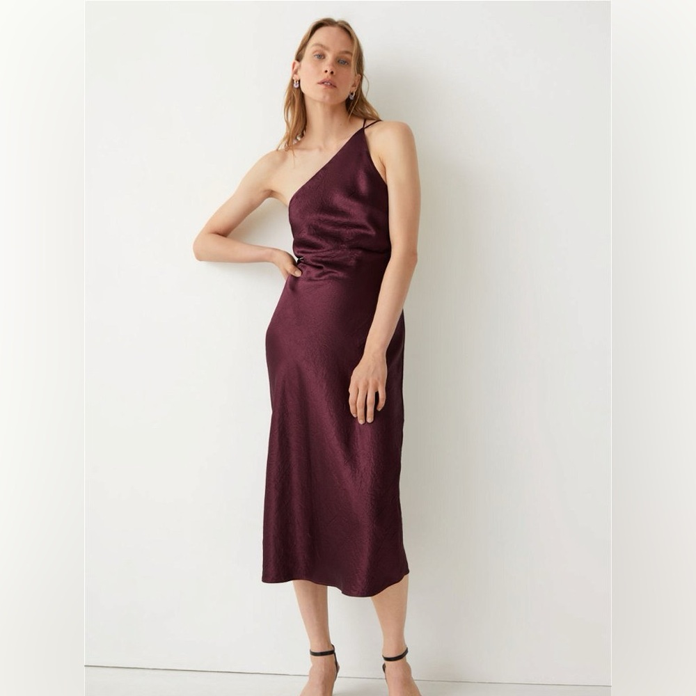 & Other Stories one shoulder satin dress in dark red. Size 4. Unworn. NWT.